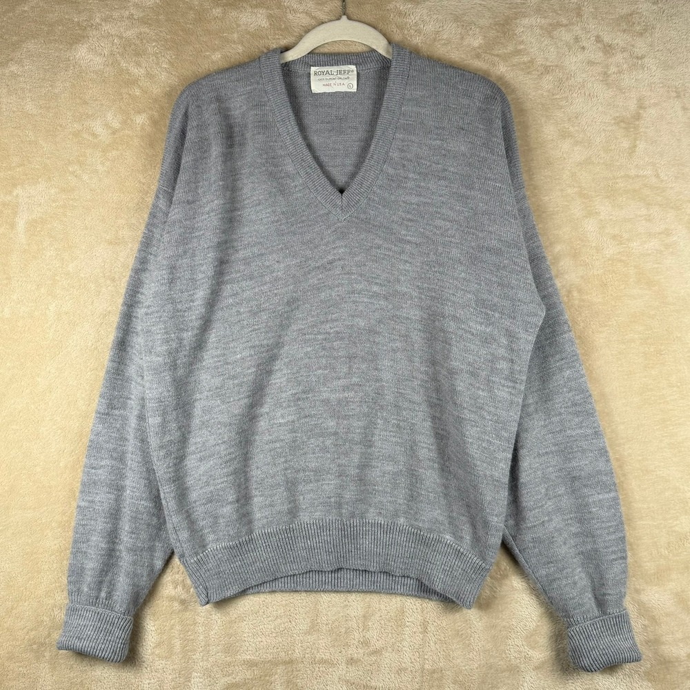 Vintage Royal Jeff Mens V Neck Sweater Long Sleeve Gray Size L 100% Dupont Orlon
